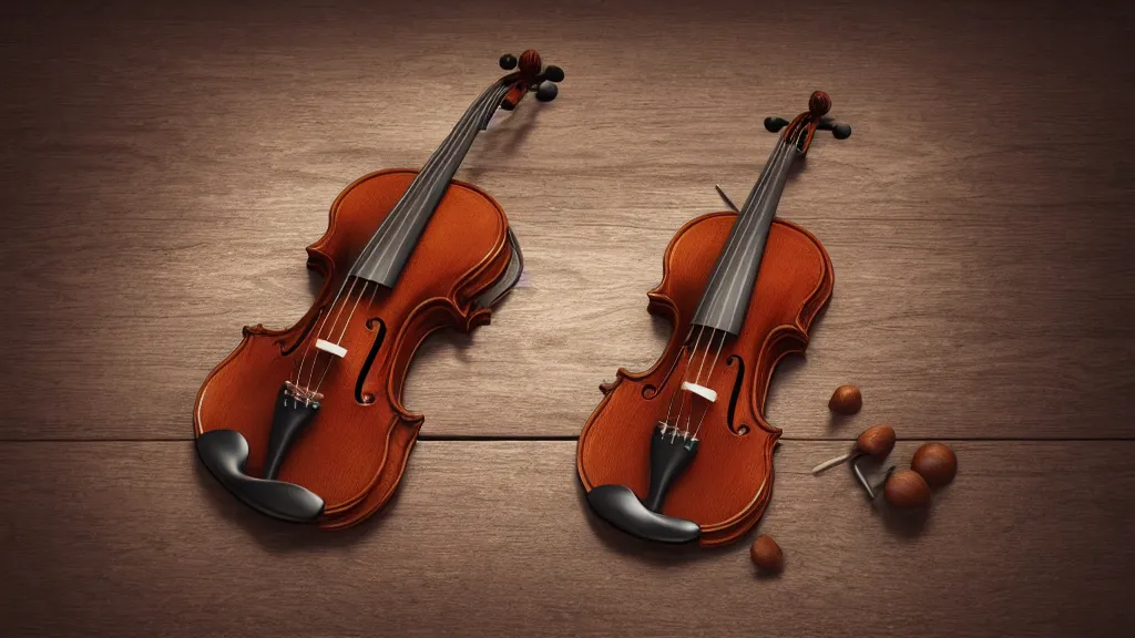 Prompt: a violin on an ancient beautiful ornated wood desk in victorian house, beautiful reflexions, detailed wooden table, photorealistic, photorealism, diffuse light, octane render