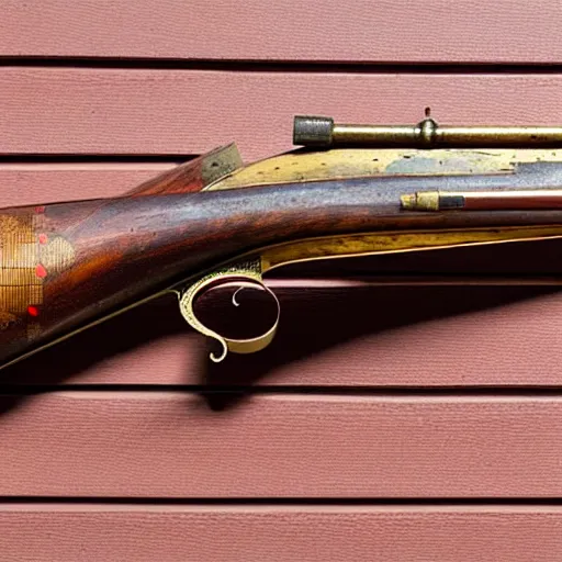 Image similar to an antique double - barreled shotgun made from glossy red - painted wood and elements of gold metalwork