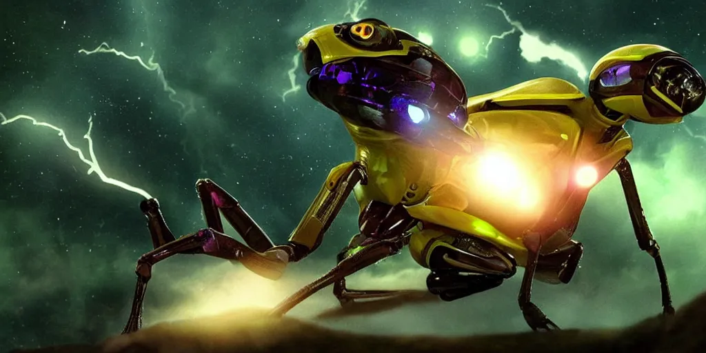 Image similar to lightning bug descendant 1 million in the future is a quadruped with big eyes with rgb ambient lighting ( bug ). the bug wears a spacesuit, and explores the cosmos in a bug - shaped spaceship. science fiction blockbuster movie bugs save the planet or the love bug from saturn, dramatic lighting, interstellar film ( 2 0 1 4 )