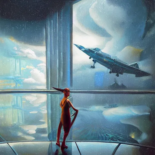 Prompt: woman in flight suit, tesseract glass courtyard, wet reflections, prism, atmospheric, ambient, pj crook, syd mead, livia prima, artgerm, greg rutkowski, nick alm, casey baugh