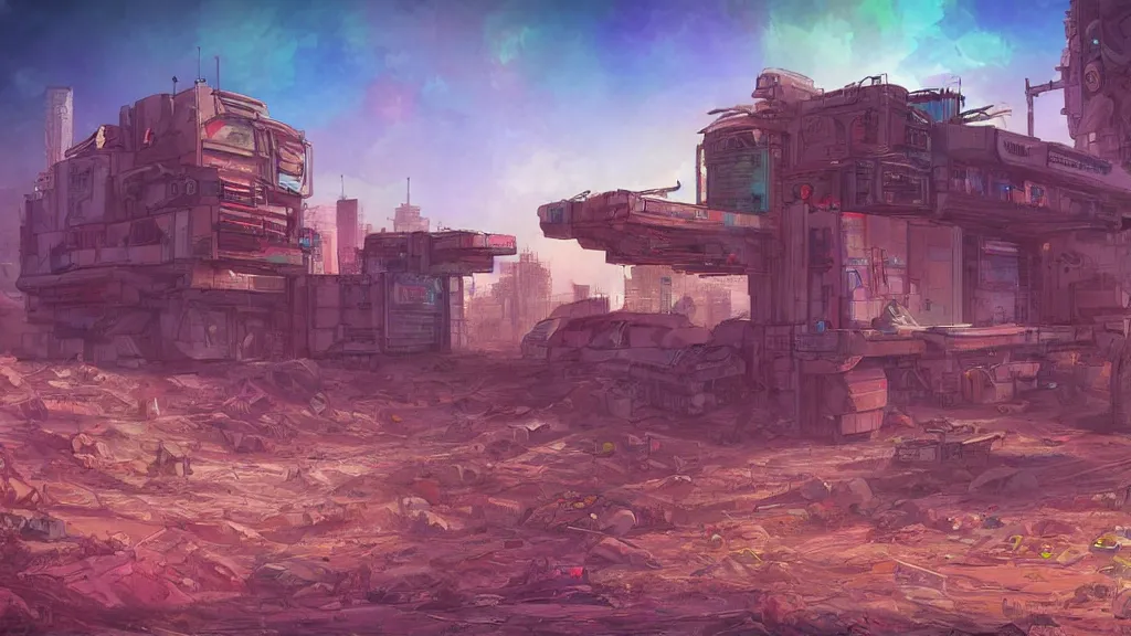 Image similar to an apocalyptic cyberpunk building on mars, pastel, colorful, bright, cartoony, digital art