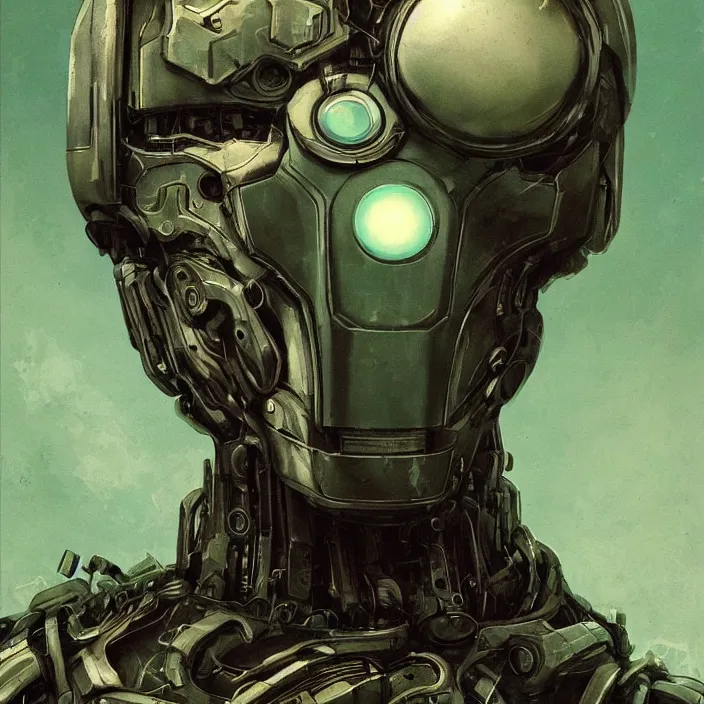 Image similar to portrait of a green Ultron from Age of Ultron, clockwork steampunk, head and chest only, by Beksinski, 4k, deviantart, trending on artstation