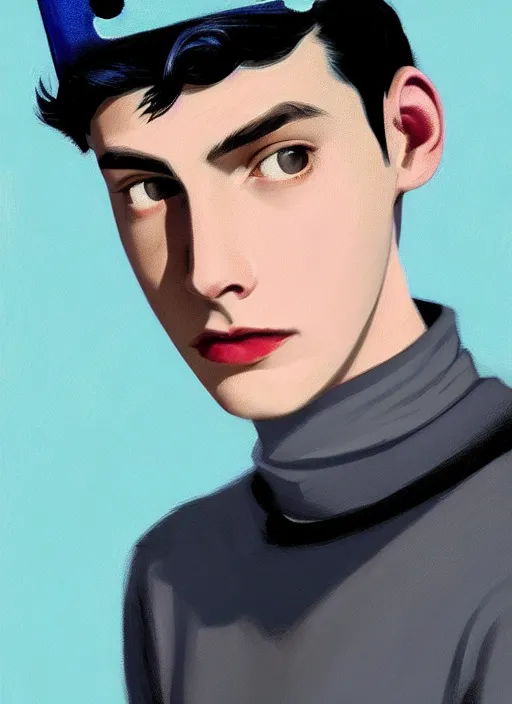 Image similar to portrait of teenage jughead jones wearing a light grey crown, crown, blue turtleneck, 1 9 5 0 s, closed eyes, photorealistic, black hair, glowing lighting, intricate, elegant, glowing lights, highly detailed, digital painting, artstation, concept art, smooth, sharp focus, illustration, art by wlop, mars ravelo and greg rutkowski