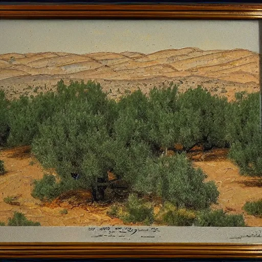 Image similar to a small town with olive trees in the desert by Reuven Rubin, detailed, brown and green color palette