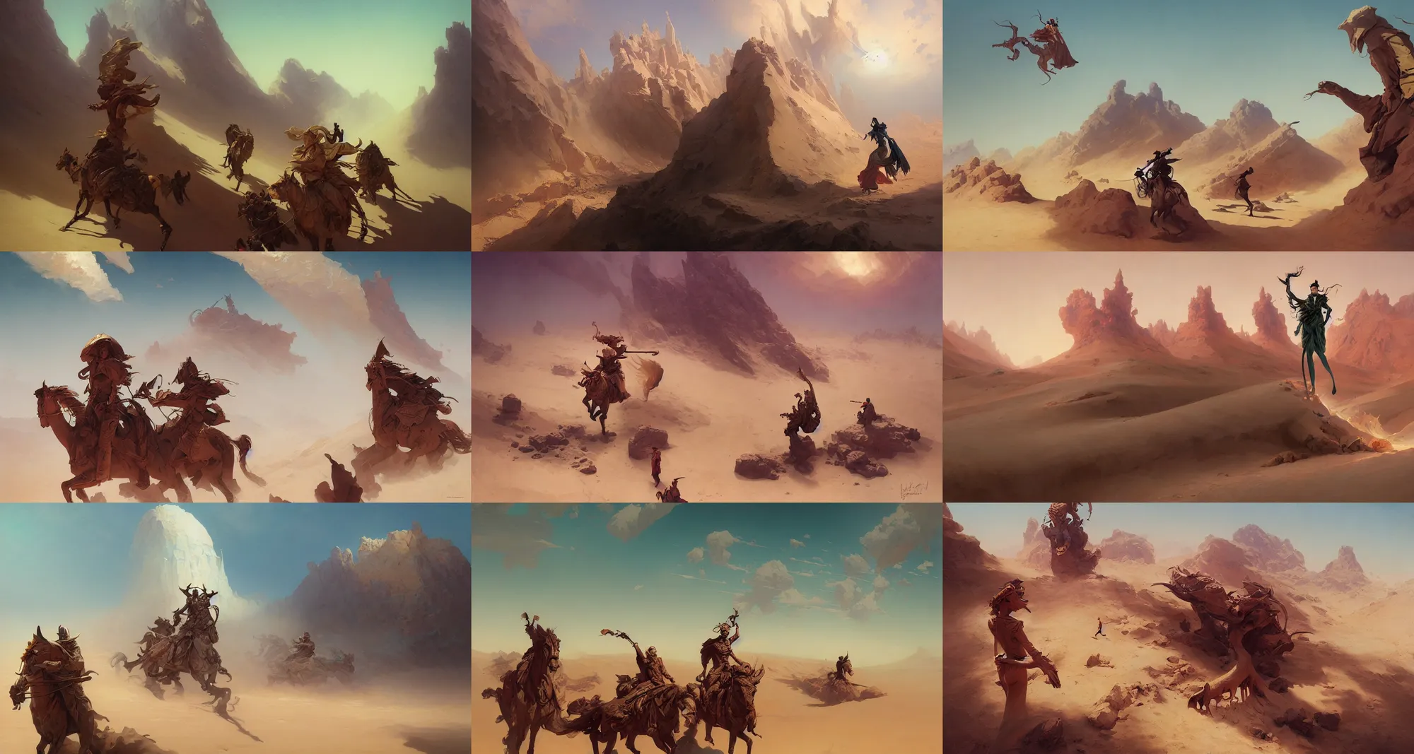 Prompt: desert, art by joseph leyendecker, peter mohrbacher, ivan aivazovsky, ruan jia, reza afshar, marc simonetti