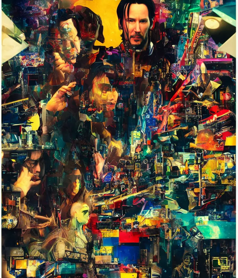 Image similar to Beautiful colorful Cyberpunk Movie Poster made for the film William Gibson's Cyborg Nights (2004) Starring Melissa McCarthy and Keanu Reeves, minimalist oil paint and ink and photo collage by Man Ray and Marcel Duchamp and Diane Arbus, Vivid color trending on artstation Cinematic lighting photographic! collage!! 8k