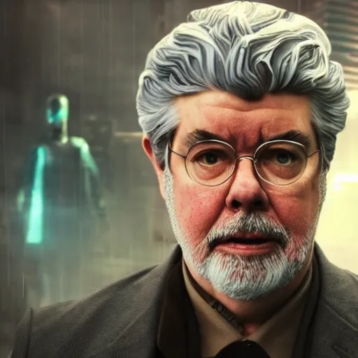 Image similar to george lucas as a cyborg in cyperpunk 2 0 7 7, promo material, movie still, cinematic, photorealistic, extreme detail, sharp focus, 8 k, rain, close up, anamorphic lens, lighting, dark, dystopian, cigarette,