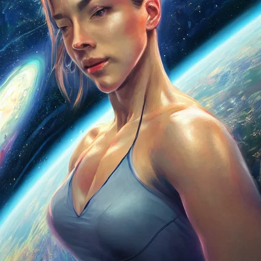 Prompt: photo of a woman alone in space in the style of stefan kostic, realistic, body shot, sharp focus, 8 k high definition, insanely detailed, intricate, elegant, art by stanley lau and artgerm, floating embers