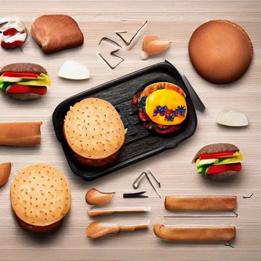 Prompt: knolling of a cheeseburger, photo