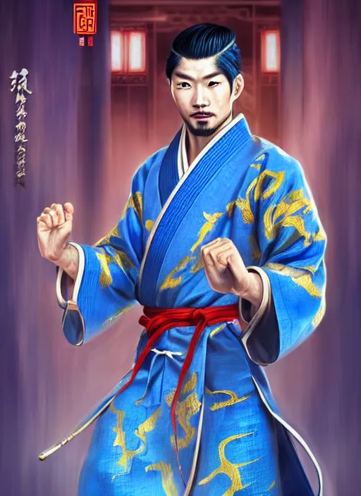 Image similar to male martial artist!! manchu chinese hairstyle!!!! asian facial features and blue eyes!! intricate ornate blue robes!! character concept art, sharp focus, octane render! unreal engine 5! highly rendered!! trending on artstation!! detailed linework!! illustration by artgerm, wlop, and chie yoshii