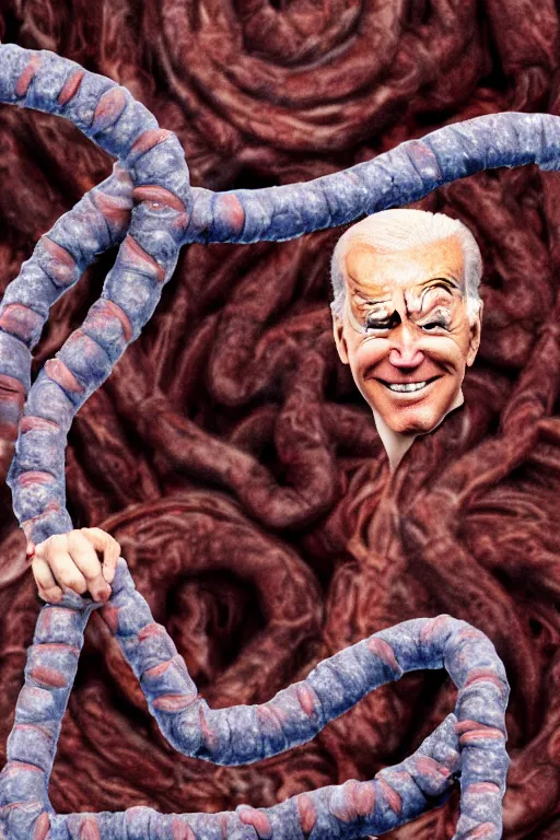 Image similar to joe biden crawling inside a giant intestine, 4 k, high definition,