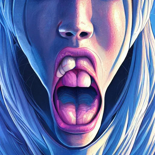 Image similar to wide open female mouth, close - up, defiant, light effect, 8 k, hyper detailed, intricate, elegant, highly detailed, digital painting, artstation, concept art, matte, sharp focus, illustration, by dan mumford, yusuke murata, makoto shinkai, ross tran