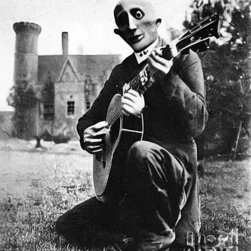 Prompt: count orlok playing delta blues outside his castle, 1 9 2 0 s photograph, there is a dog his side