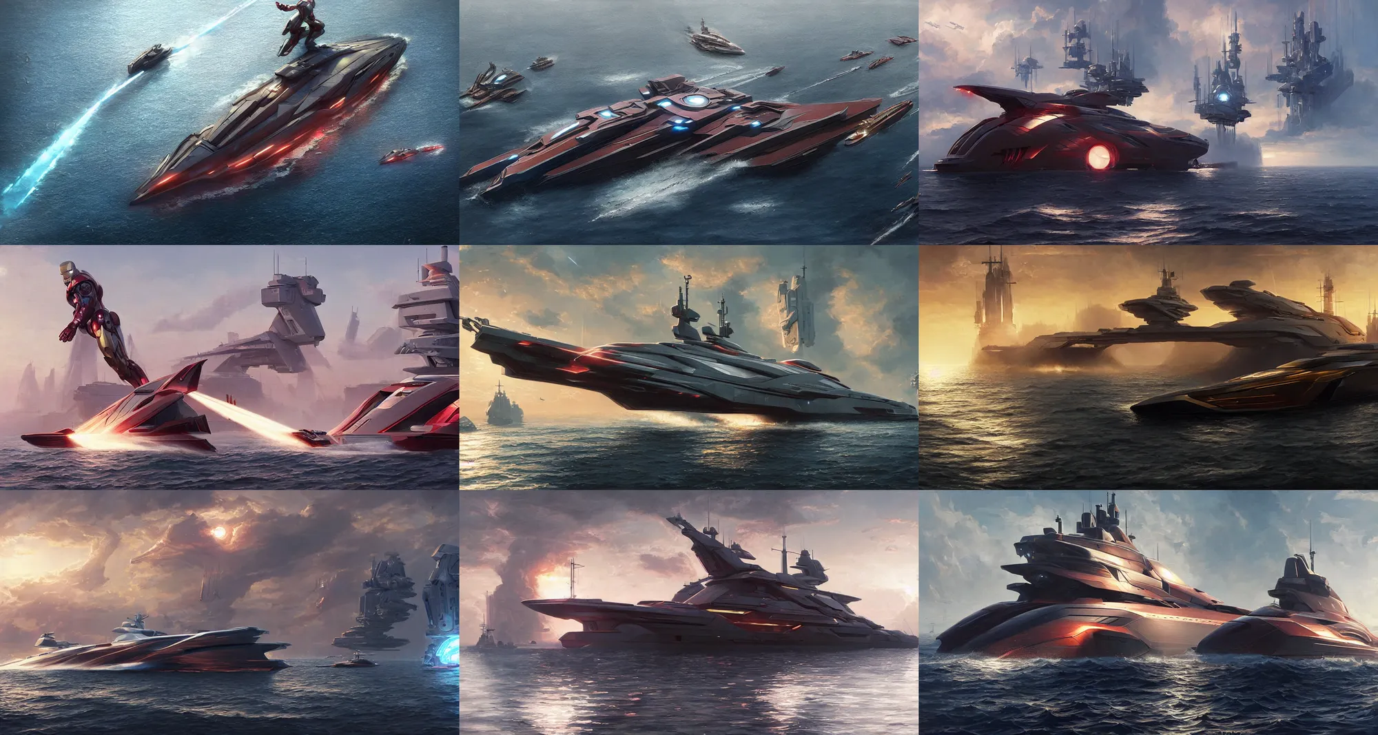 Prompt: an iron man concept yacht, cyberpunk battleship, ultra realistic, sci-fi, fantasy, intricate, highly detailed, artstation, CGSociety, golden hour, epic lighting, concept art, smooth, sharp focus, art by greg rutkowski and syd mead