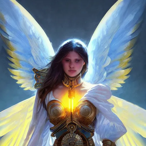 Image similar to ukrainian warrior of light with angel wings, blue and yellow flag, highly detailed, digital painting, artstation, concept art, smooth, sharp focus, illustration, cinematic lighting, art by artgerm and greg rutkowski and alphonse mucha