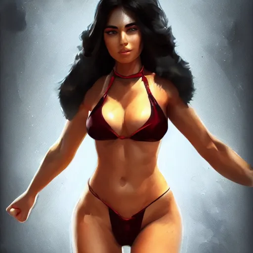 Image similar to very beautiful female latin warrior in a bikini, happy appearance, ioyful vibe and lighting, cgsociety, artstation, in the style of artgerm