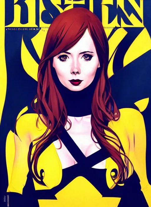 Image similar to in the style of Joshua Middleton comicbook cover art, Karen Gillan Batgirl, fun pose Symmetrical body, smile