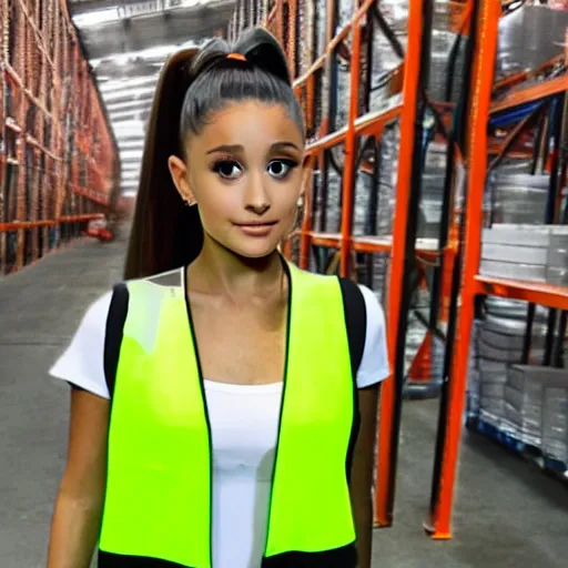 Image similar to photo, close up, ariana grande in a hi vis vest, in warehouse, android cameraphone, 2 6 mm,