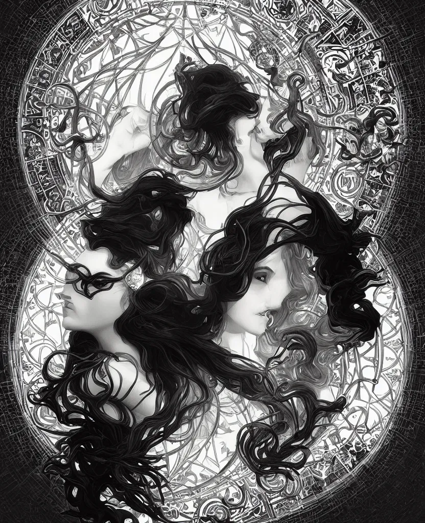 Image similar to black and white illustration of mystical geometrical alchemical symbols, deep focus, intricate, elegant, highly detailed, foggy, misterious, digital painting, artstation, concept art, matte, sharp focus, art by artgerm and greg rutkowski and alphonse mucha