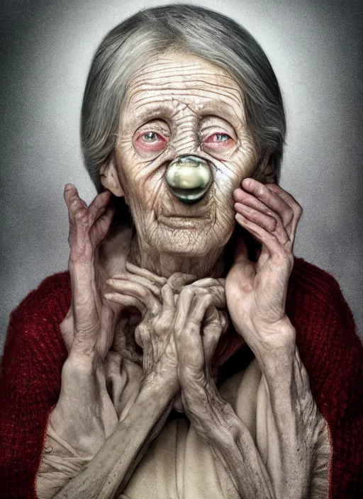 Image similar to an old woman with a weird look on her face, a surrealist painting by Martin Schoeller, shutterstock contest winner, pop surrealism, angelic photograph, stock photo, photoillustration