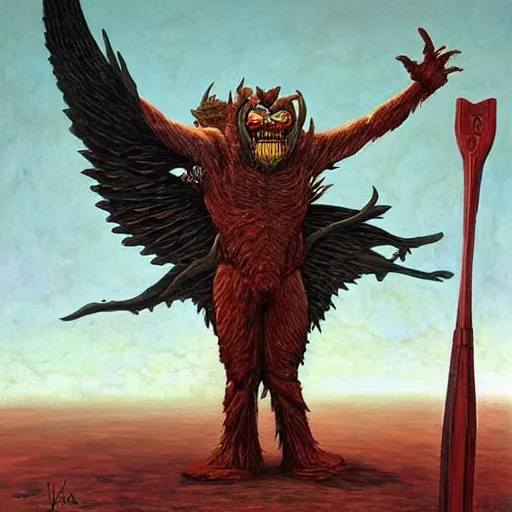 Prompt: composed, offhand by jacek yerka, by jeffrey t. larson. land art. a large, muscular demon - like creature with wings, standing in a dark, hellish landscape. the creature has red eyes & sharp teeth, & is holding a large sword in one hand.