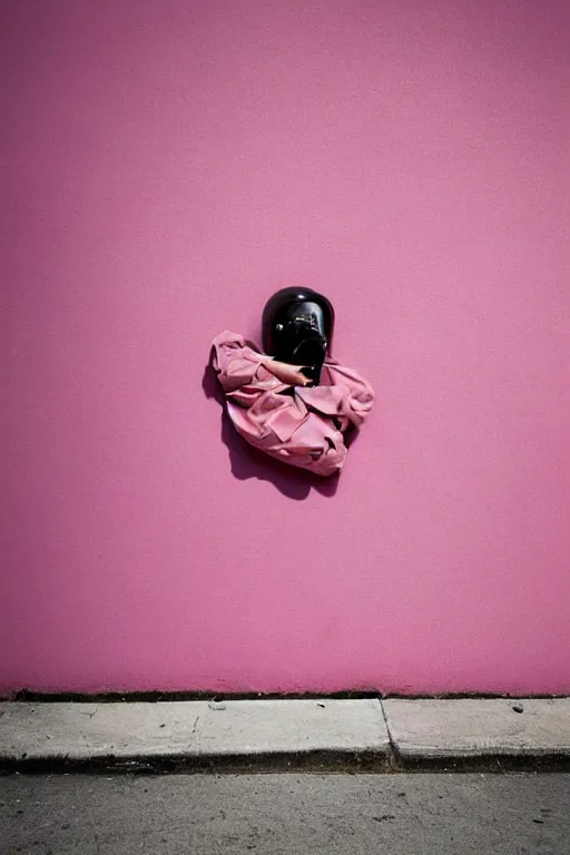 Image similar to a surreal portrait of a woman wearing a gas mask stuck in trash next to a pink wall in the style of brooke didonato, editorial fashion photography from vogue magazine, full shot, nikon d 8 1 0, ƒ / 2. 5, focal length : 8 5. 0 mm, exposure time : 1 / 8 0 0, iso : 2 0 0
