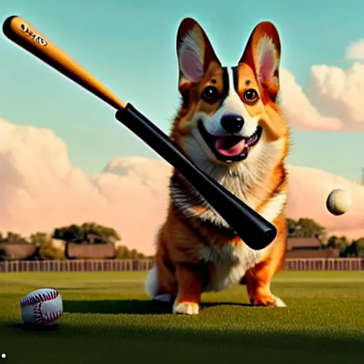 Image similar to weta disney pixar movie still photo of funny corgi with baseball bat : : dog by pixar : : giant sign that says bonk : : by weta, greg rutkowski, wlop, ilya kuvshinov, rossdraws, artgerm, octane render, iridescent, bright morning, anime, liosh, mucha : :