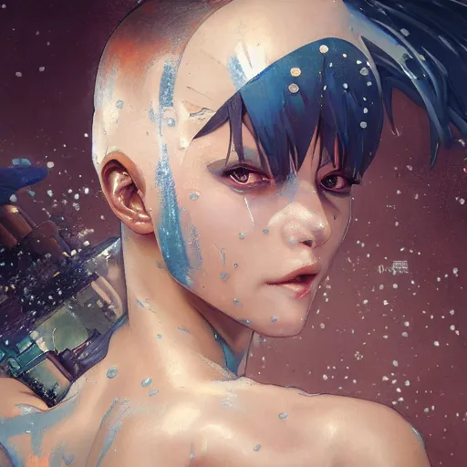 Prompt: painting of an anime punk cyborg woman, water particles floating in the air, finely detailed facial features, weathered drawing, film grain, painted art by tsuyoshi nagano, greg rutkowski, artgerm, alphonse mucha, spike painting