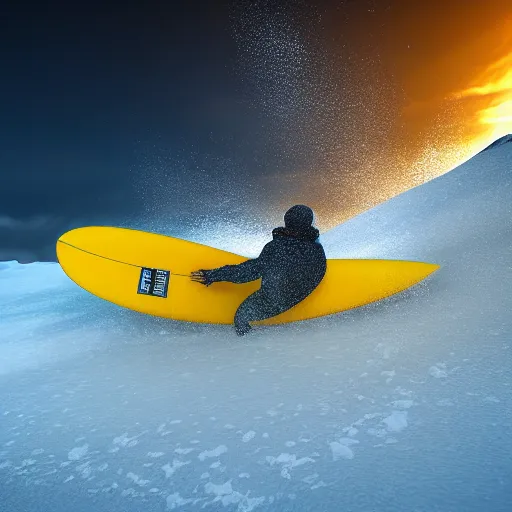 Image similar to man surfing a yellow surfboard down a snowy mountain, high quality digital art, unreal engine, cinematic lighting, photorealism