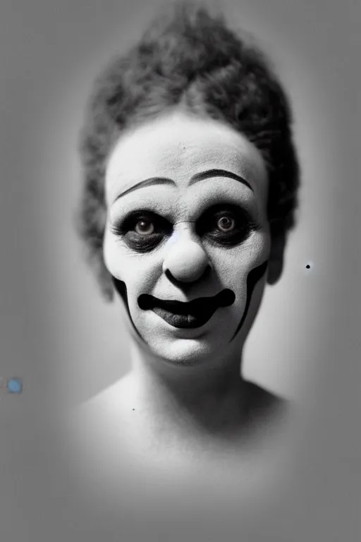 Image similar to old realistic photo of face of a female clown, photograph, early 1 9 0 0's, black and whitehighly detailed, matte, sharp focus, smooth, sharp focus, illustration