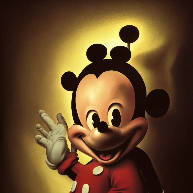 Image similar to portrait of mickey mouse, by hieronymus bosch, soft bloom lucid dream - like dark atmosphere, baroque portrait painting, perfect composition, intricate detailed octane render trending on artstation, 8 k artistic photography, volumetric cinematic perfect light, chiaroscuro, masterpiece, raphael, caravaggio, rutkowski, beeple, beksinski