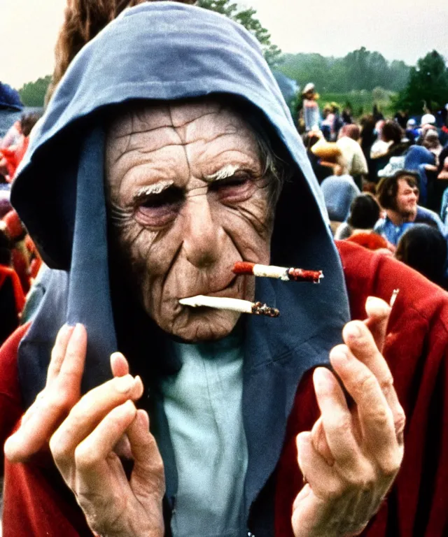 Image similar to photograph of emperor palpatine smoking weed at woodstock in 1 9 6 9, 3 5 mm film, kodachrome