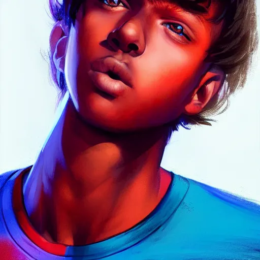 Image similar to colorful and festive captivating teenager with straight brown hair covering his eye, dark skin, big lips, big eyes, wearing a red t - shirt. rich vivid colors, ambient lighting, dynamic lighting, 4 k, atmospheric lighting, painted, intricate, highly detailed by charlie bowater