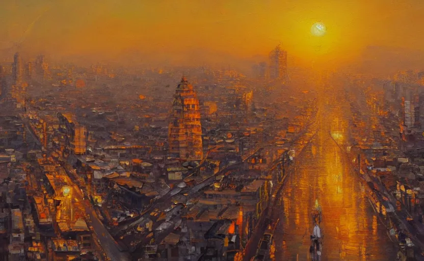 Image similar to detailed oil painting of an indian city, artstation, golden hours, beautiful lighting