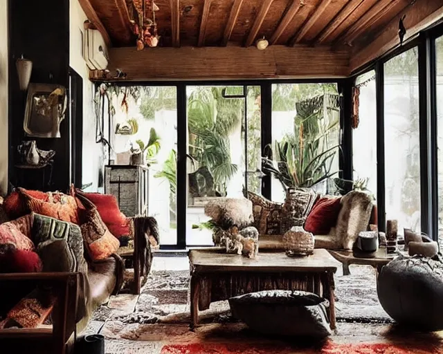 Image similar to sunrise photo of a tastefully decorated bohemian living room with dark luxurious furnishings, and a mix of antique and modern furniture, and a mix of concrete and raw wood finishes