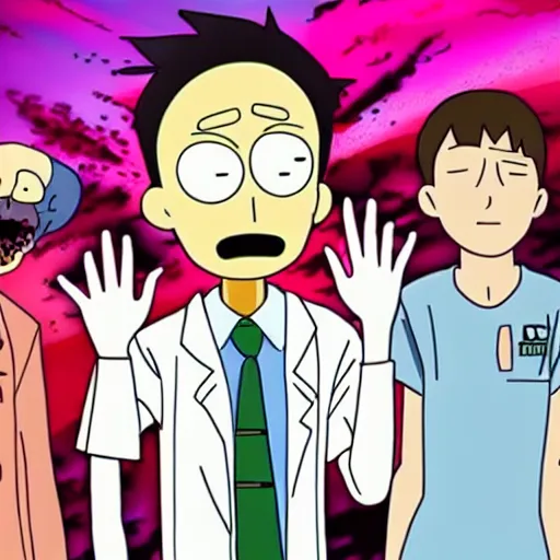 Image similar to Shinji Ikari meets rick and morty in new series crossover, digital art, in the style of Rick and Morty