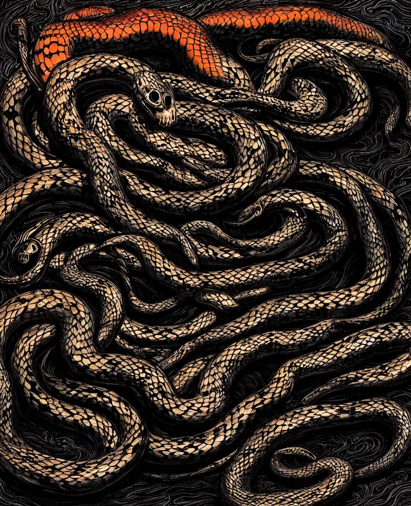 Image similar to a painting of scary snakes made of black colored fire, dark colors, sinister atmosphere, dramatic lighting, cinematic, establishing shot, extremely high detail, photo realistic, cinematic lighting, pen and ink, intricate line drawings, by Yoshitaka Amano, Ruan Jia, Kentaro Miura, Artgerm, post processed, concept art, artstation, matte painting, style by eddie mendoza, raphael lacoste, alex ross,