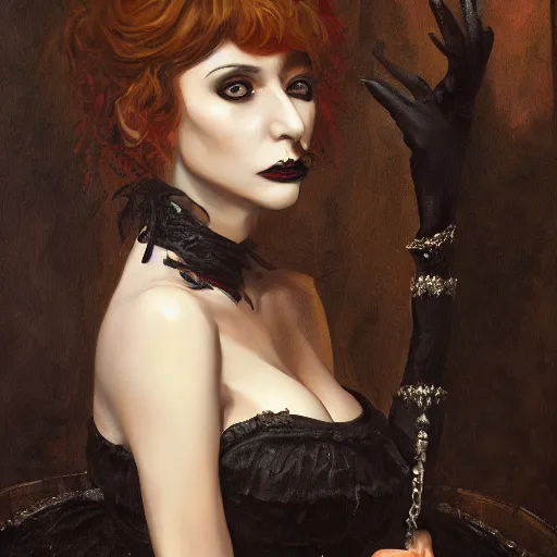 Prompt: a gothic woman at a royal party, oil painting, ultradetailed, artstation, ultradetailed, digital painting, ultradetailed