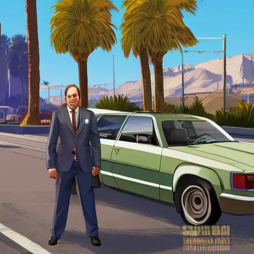 Image similar to Saul Goodman in GTA V . Los Santos in the background, palm trees. In the art style of Stephen Bliss.