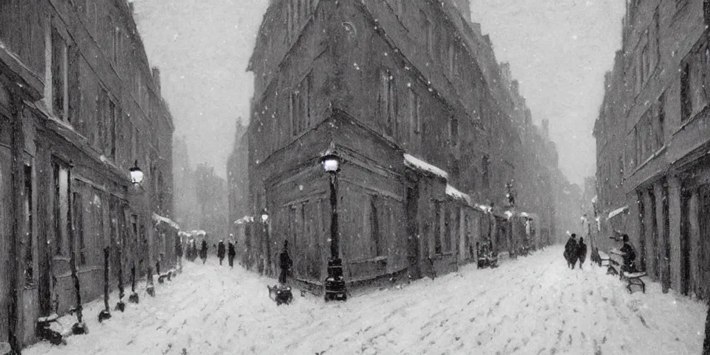 Image similar to an alley in paris in winter, snowing, christmas night, 1 9 1 0