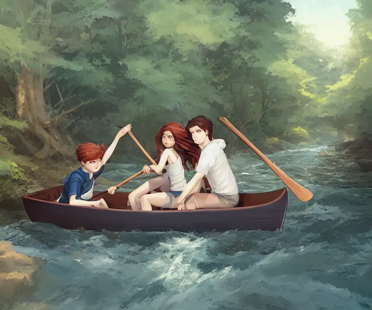 Image similar to one girl with long, flowing auburn hair, and one boy with short brown hair sitting together in one single small wooden paddle boat sailing down a narrow river in a forest, rocky shore, trees, shady, blue waters, ripples, waves, reflections, details, sharp focus, illustration, by Jordan Grimmer and greg rutkowski, Trending artstation, pixiv, digital art