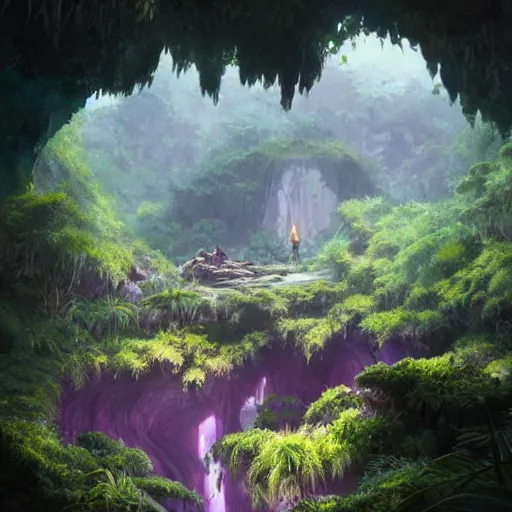 Prompt: beautiful giant piece of amethyst in a lush cave, greg rutkowski