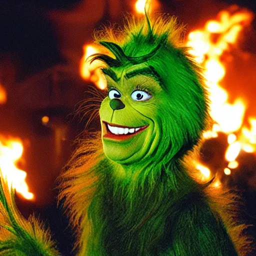 Image similar to the grinch manically laughing while an 80 ft Christmas tree burns in the background