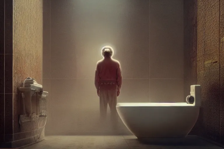 Image similar to hyperrealism aesthetic ridley scott and denis villeneuve style photography of a detailed giant, siting on a detailed ultra huge toilet and scrolling his smartphone in surreal scene from detailed art house movie in style of alejandro jodorowsky and wes anderson