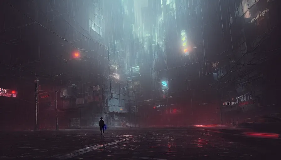 Image similar to man falling through clouds over a dark cyberpunk city, digital art, volumetric lighting, dystopia, artstation, concept art, painting