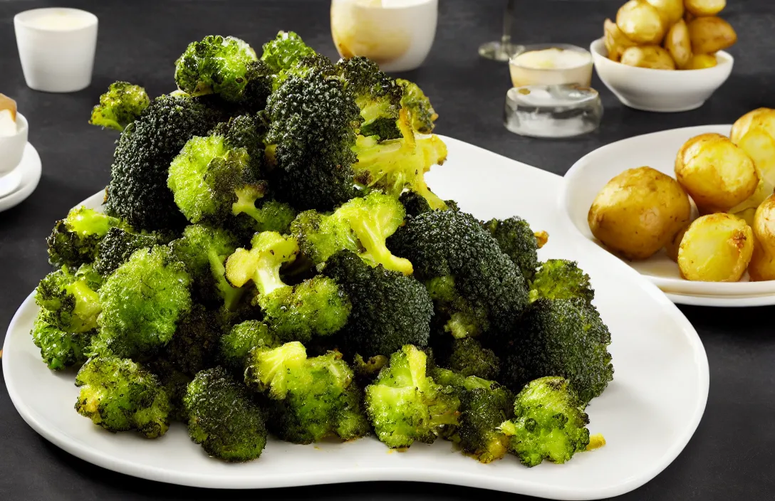 Prompt: deep fried broccoli, side of potatoes, food photography, award winning, michelin star restaurant