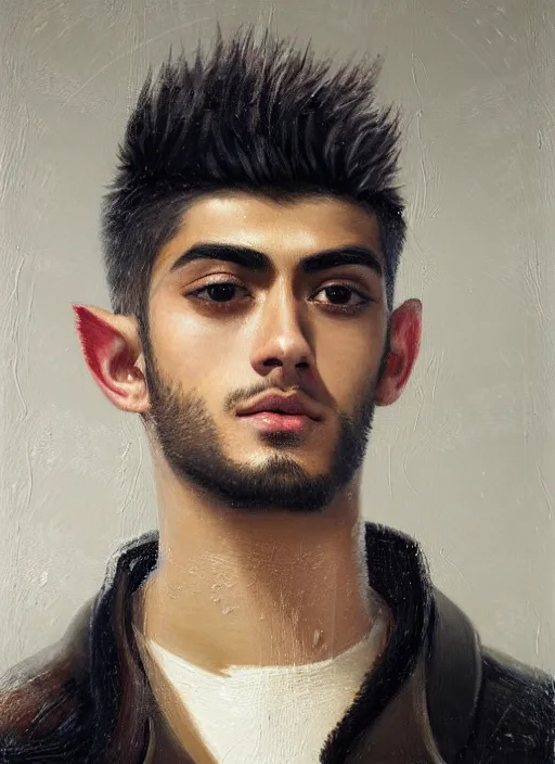 Image similar to close up head and shoulders portrait painting of young man who looks like zayn malik as an elf by jeremy mann, wearing leather napoleonic military style jacket, only one head single portrait, pointy ears