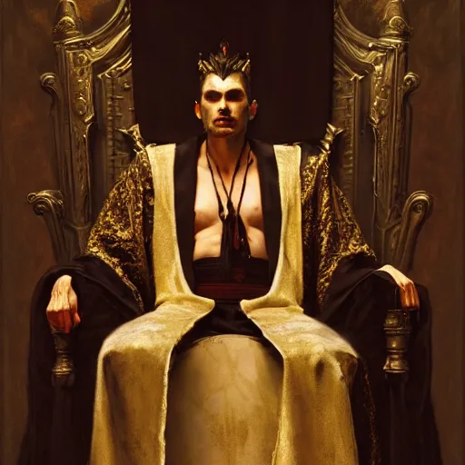 Image similar to perfectly centered portrait of attractive vampire king in a robe sitting on a throne of bones, highly detailed painting by gaston bussiere, craig mullins, j. c. leyendecker, 8 k