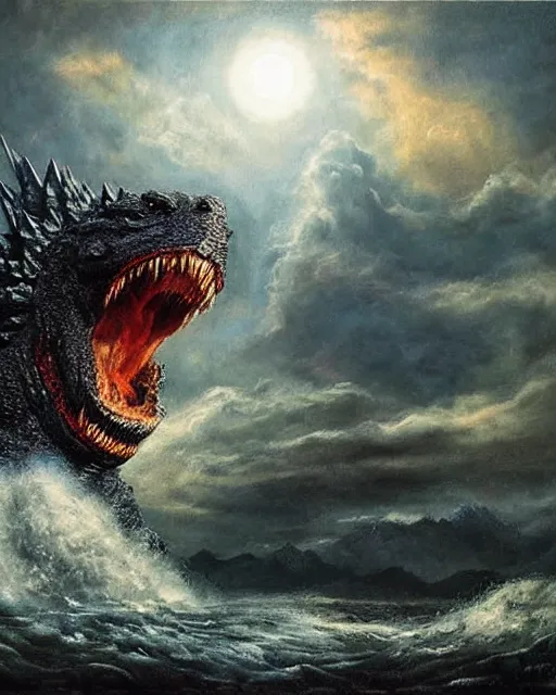 Image similar to godzilla emerges from a river and roars at the sky, beautiful landscape painting, very detailed, dramatic lighting