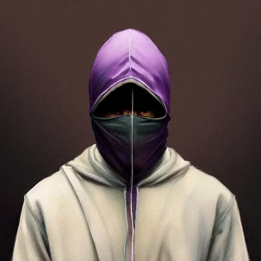 Image similar to ultra realistic illustration, man in a black hood, in a striped purple balaclava, mysterious, highly detailed, digital painting, artstation, concept art, smooth, sharp focus, illustration, art by artgerm and greg rutkowski and alphonse mucha